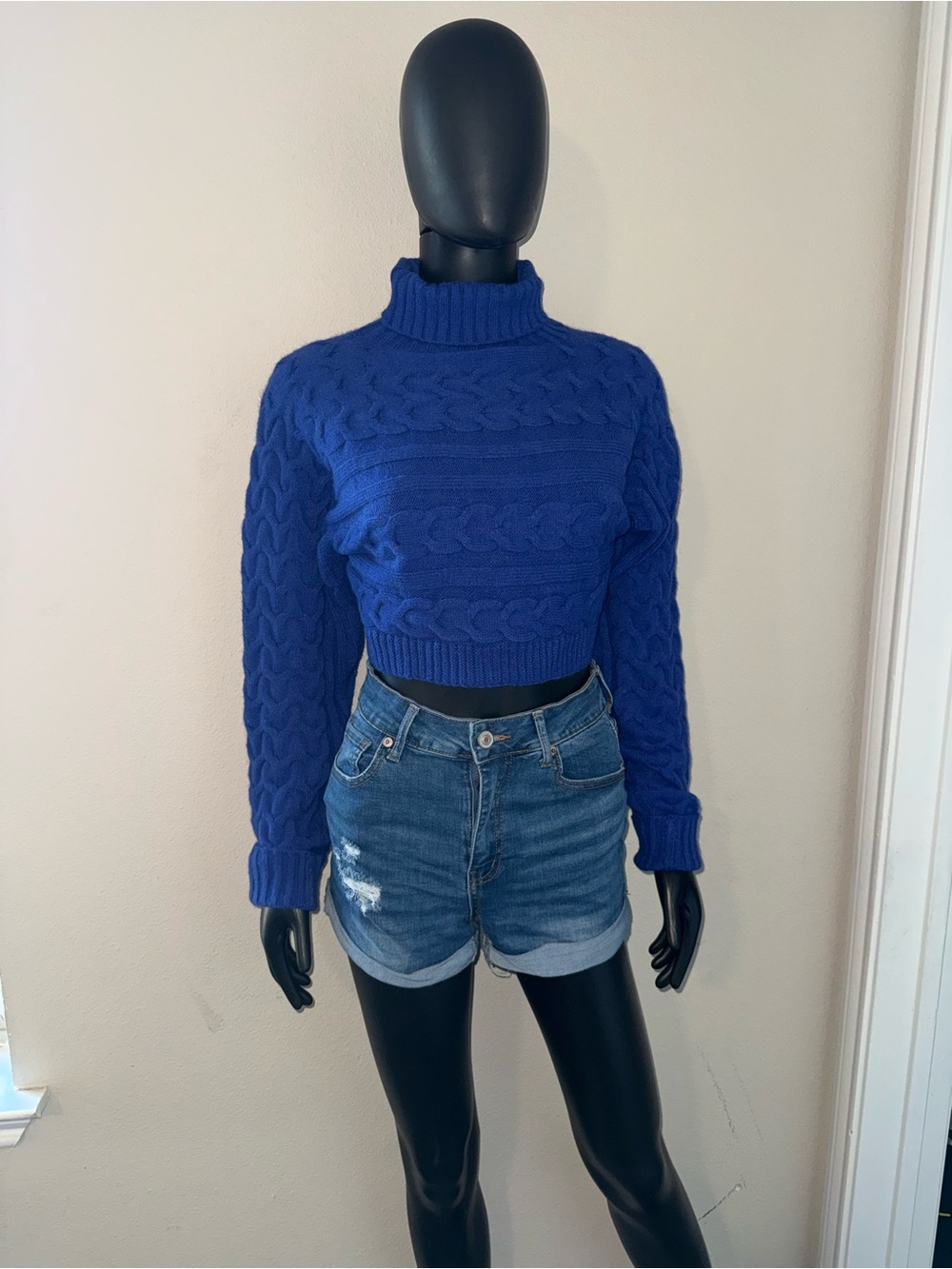 Blue Cable-Knit Turtleneck Cropped Sweater